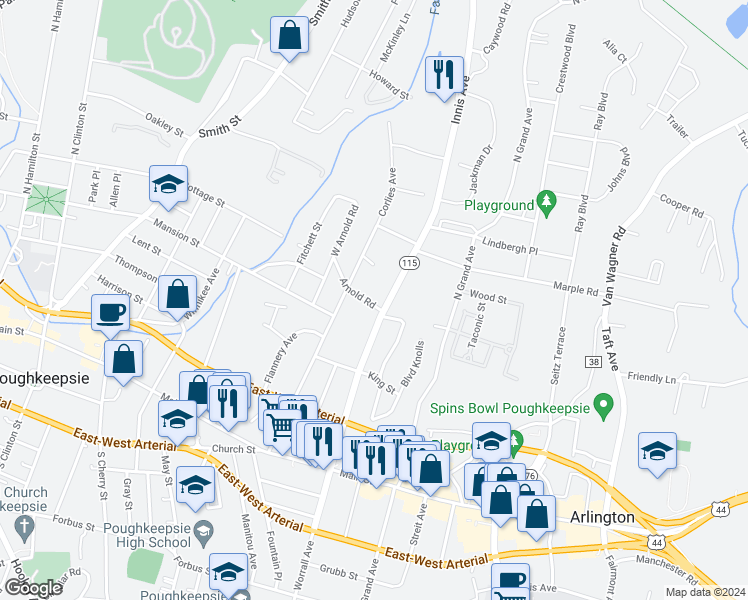 map of restaurants, bars, coffee shops, grocery stores, and more near 1 Arnold Road in Poughkeepsie