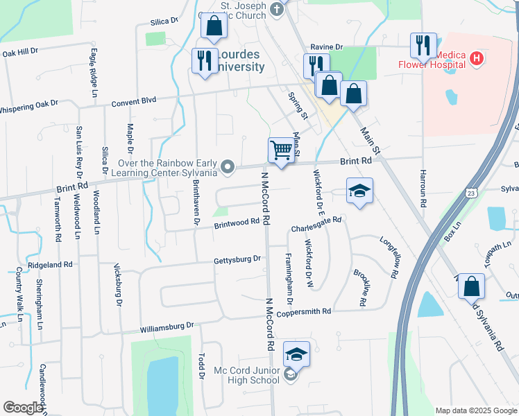 map of restaurants, bars, coffee shops, grocery stores, and more near 6707 Addington Ln in Sylvania