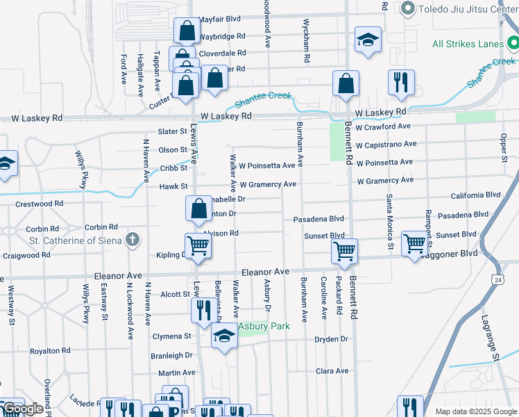 map of restaurants, bars, coffee shops, grocery stores, and more near 750 Brinton Drive in Toledo