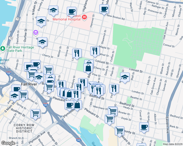 map of restaurants, bars, coffee shops, grocery stores, and more near 786 Pine Street in Fall River