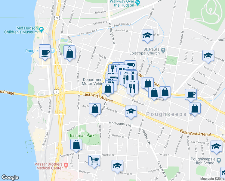 map of restaurants, bars, coffee shops, grocery stores, and more near 43 Market Street in Poughkeepsie