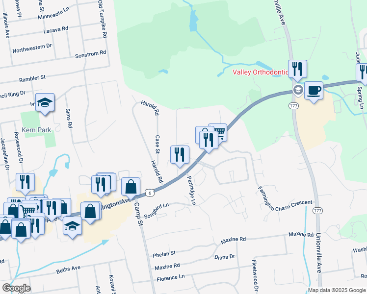 map of restaurants, bars, coffee shops, grocery stores, and more near 9 Winthrop Drive in Farmington