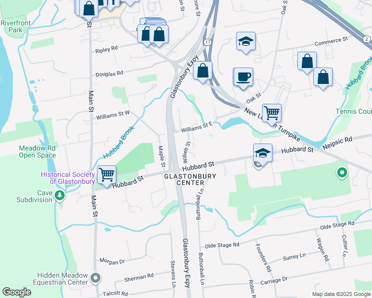 map of restaurants, bars, coffee shops, grocery stores, and more near Willieb Street in Glastonbury