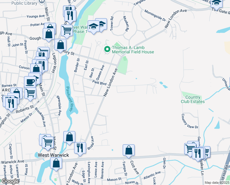 map of restaurants, bars, coffee shops, grocery stores, and more near 11 Sophia Drive in Warwick