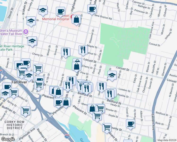 map of restaurants, bars, coffee shops, grocery stores, and more near 246 Davis Street in Fall River