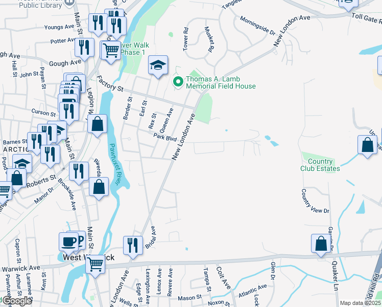 map of restaurants, bars, coffee shops, grocery stores, and more near 11 Sophia Drive in Warwick