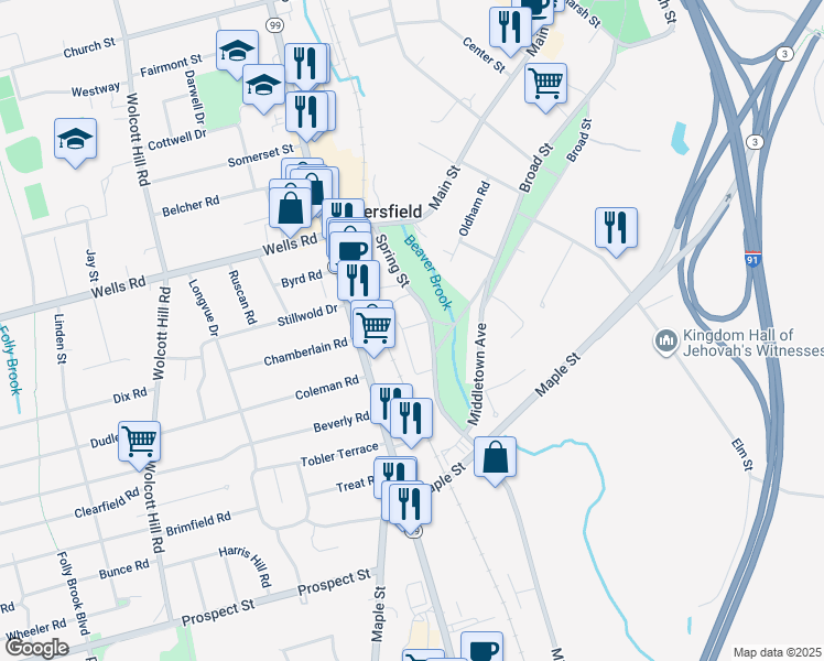 map of restaurants, bars, coffee shops, grocery stores, and more near 118 Sharon Lane in Wethersfield
