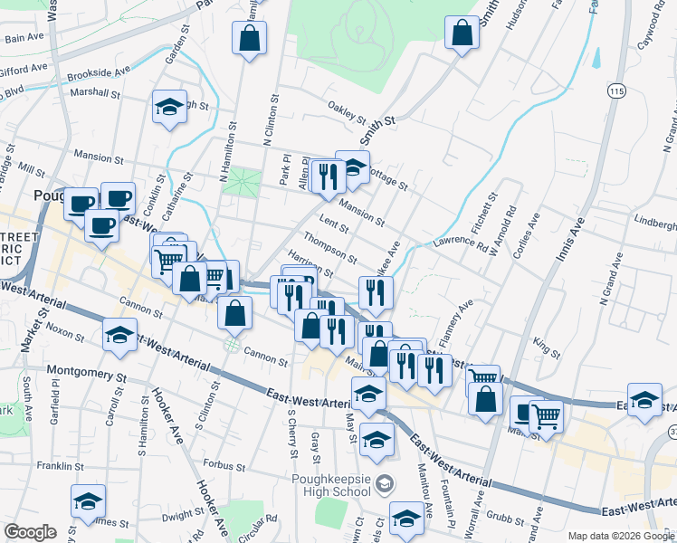 map of restaurants, bars, coffee shops, grocery stores, and more near 154 Thompson Street in Poughkeepsie