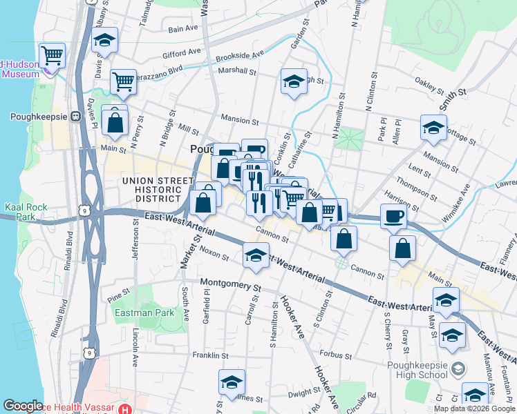 map of restaurants, bars, coffee shops, grocery stores, and more near 331 Main Mall in Poughkeepsie