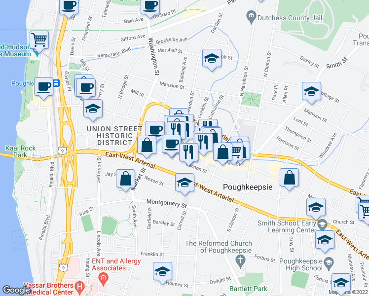 map of restaurants, bars, coffee shops, grocery stores, and more near 331 Main Mall in Poughkeepsie