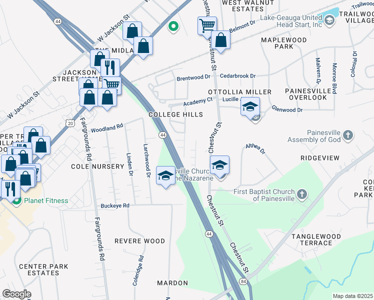 map of restaurants, bars, coffee shops, grocery stores, and more near 363 University Avenue in Painesville