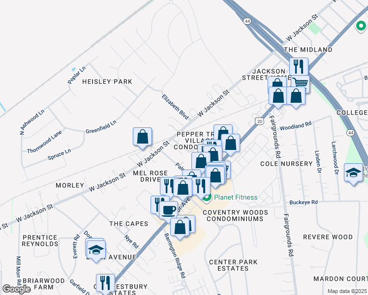 map of restaurants, bars, coffee shops, grocery stores, and more near 317 Peppertree Lane in Painesville