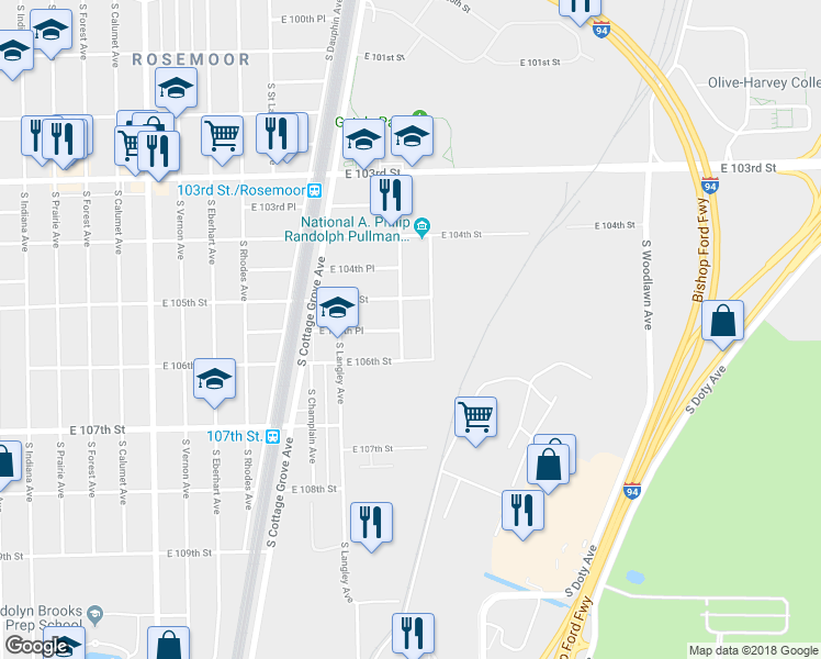 map of restaurants, bars, coffee shops, grocery stores, and more near 10524 South Maryland Avenue in Chicago