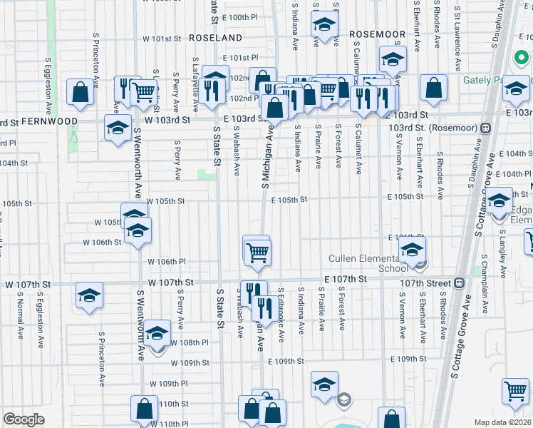 map of restaurants, bars, coffee shops, grocery stores, and more near 10512 South Michigan Avenue in Chicago