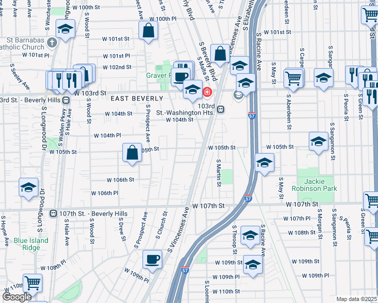 map of restaurants, bars, coffee shops, grocery stores, and more near 1427 West 105th Street in Chicago