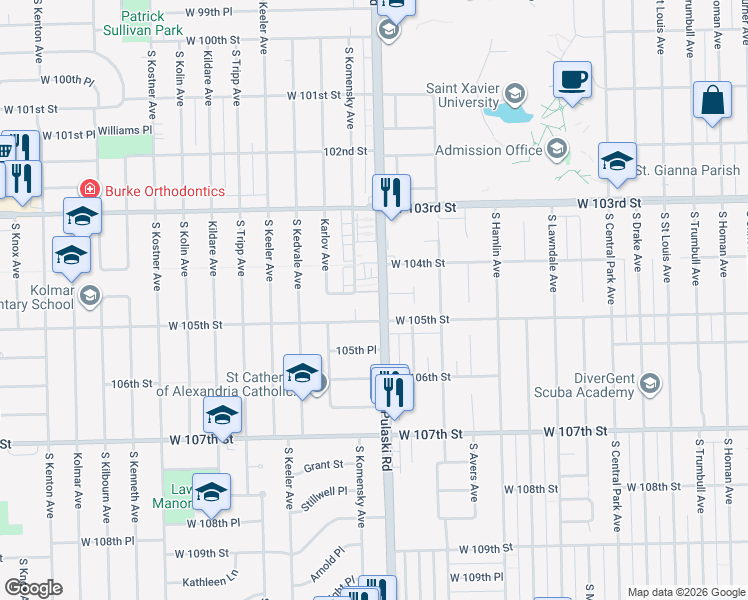 map of restaurants, bars, coffee shops, grocery stores, and more near 10425 Longwood Lane in Oak Lawn