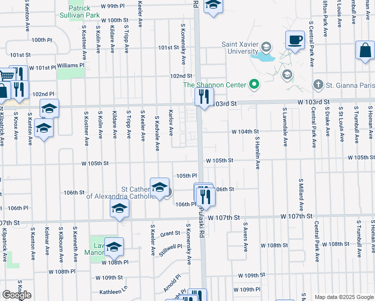 map of restaurants, bars, coffee shops, grocery stores, and more near 10425 Longwood Lane in Oak Lawn
