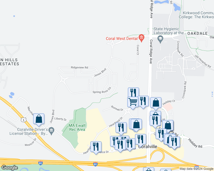 map of restaurants, bars, coffee shops, grocery stores, and more near 2865 Spring Rose Circle in Coralville