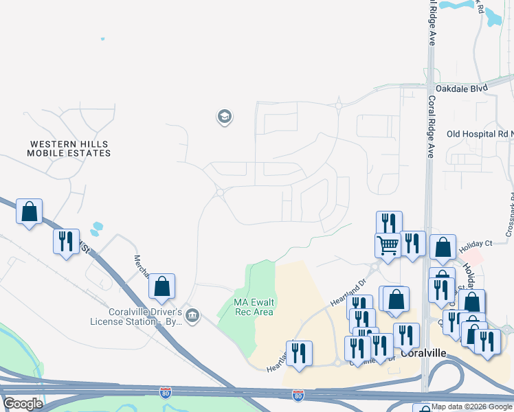 map of restaurants, bars, coffee shops, grocery stores, and more near 2779 Heartland Drive in Coralville