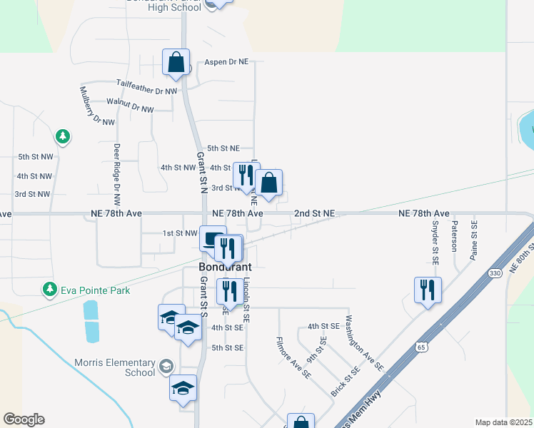 map of restaurants, bars, coffee shops, grocery stores, and more near 302 2nd Street Northeast in Bondurant