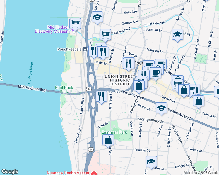 map of restaurants, bars, coffee shops, grocery stores, and more near 160 Union Street in Poughkeepsie