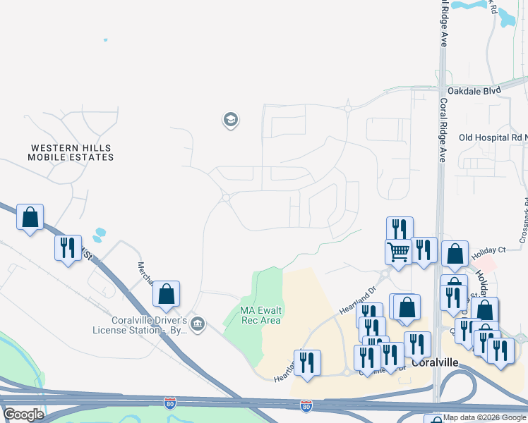 map of restaurants, bars, coffee shops, grocery stores, and more near 2779 Heartland Drive in Coralville