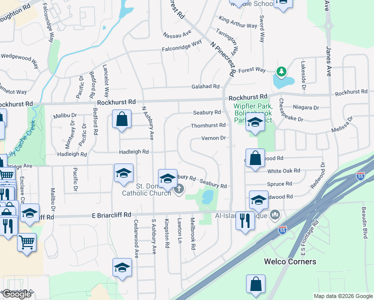map of restaurants, bars, coffee shops, grocery stores, and more near 165 Vernon Drive in Bolingbrook