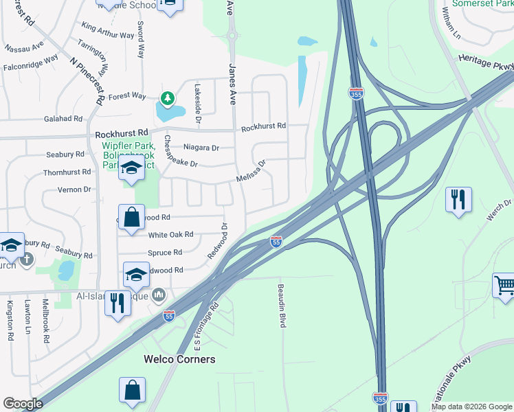 map of restaurants, bars, coffee shops, grocery stores, and more near 205 Homewood Drive in Bolingbrook