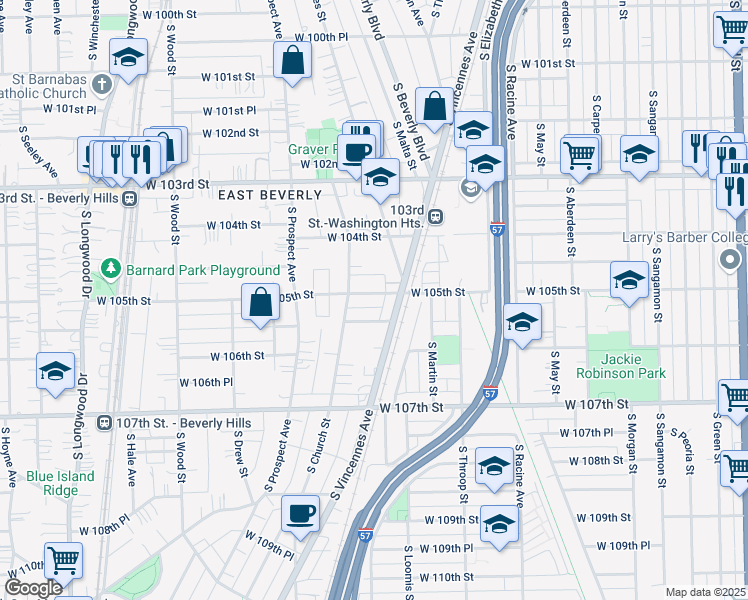 map of restaurants, bars, coffee shops, grocery stores, and more near 1427 West 105th Street in Chicago