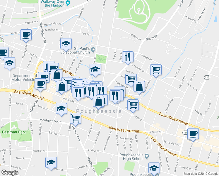 map of restaurants, bars, coffee shops, grocery stores, and more near 21 Smith Street in Poughkeepsie