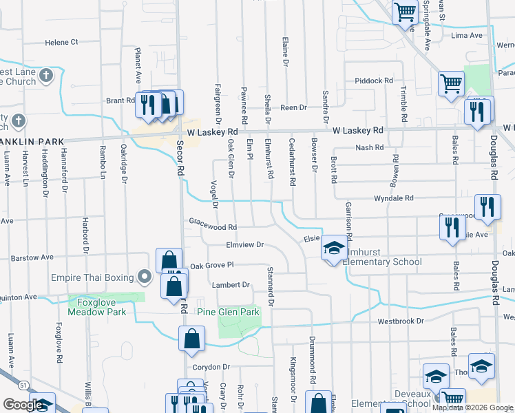 map of restaurants, bars, coffee shops, grocery stores, and more near 4730 Elm Place in Toledo
