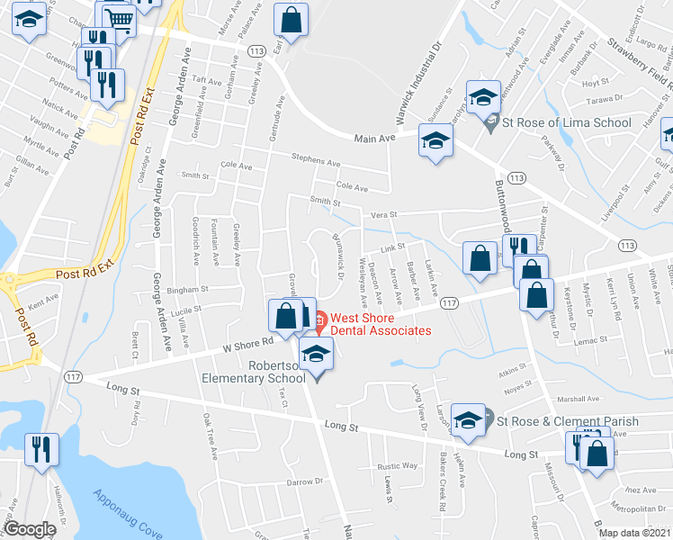 map of restaurants, bars, coffee shops, grocery stores, and more near 115 Brunswick Drive in Warwick