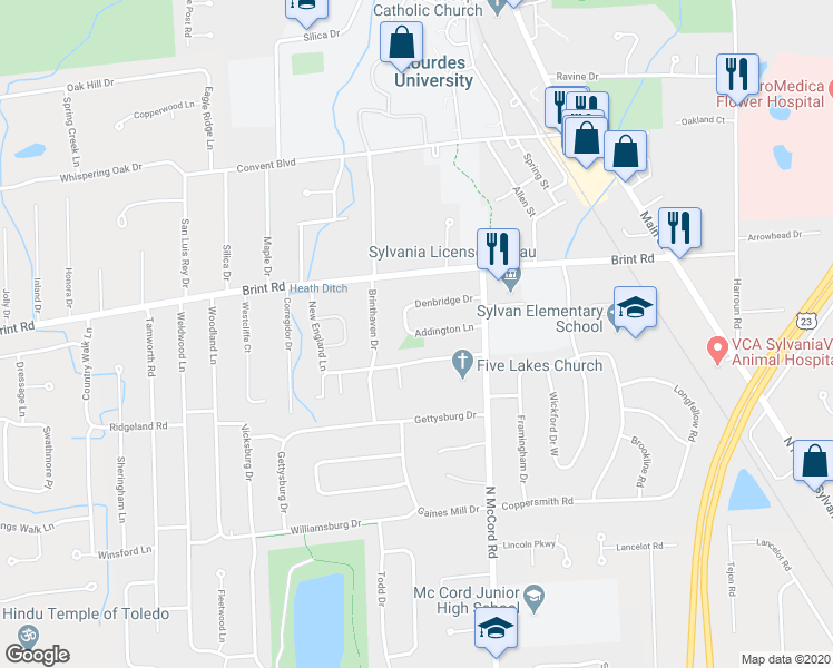 map of restaurants, bars, coffee shops, grocery stores, and more near 6756 Addington Lane in Sylvania