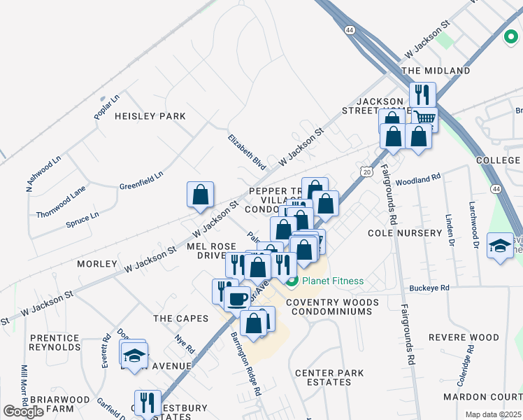 map of restaurants, bars, coffee shops, grocery stores, and more near 317 Peppertree Lane in Painesville