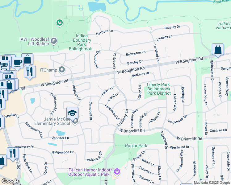 map of restaurants, bars, coffee shops, grocery stores, and more near 225 Carol Lane in Bolingbrook