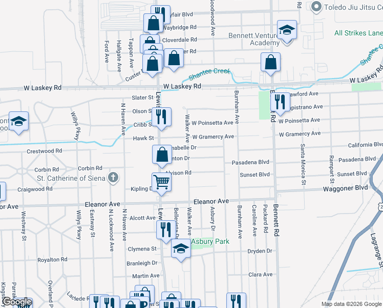 map of restaurants, bars, coffee shops, grocery stores, and more near 826 Brinton Drive in Toledo