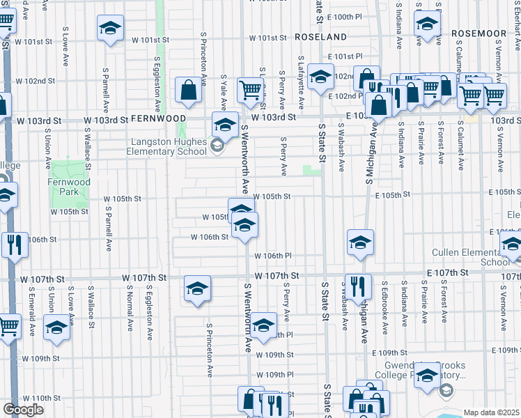 map of restaurants, bars, coffee shops, grocery stores, and more near 10516 South La Salle Street in Chicago