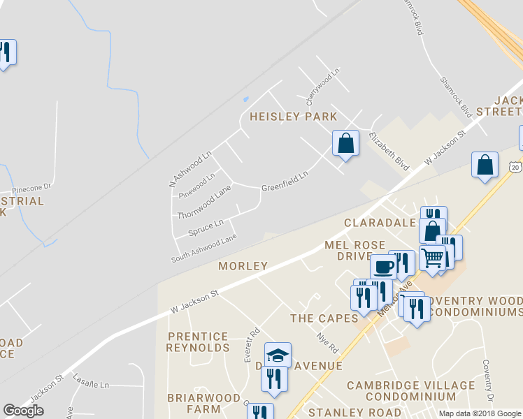 map of restaurants, bars, coffee shops, grocery stores, and more near 1809 Spruce Lane in Painesville