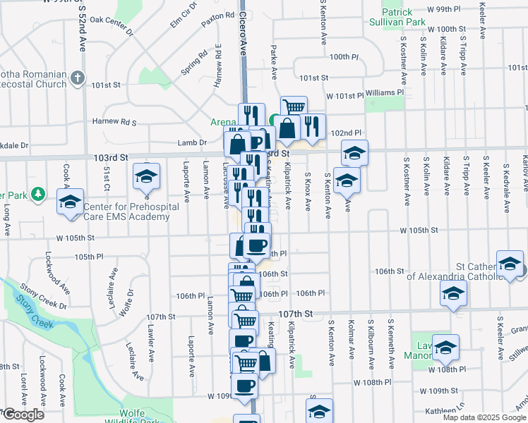 map of restaurants, bars, coffee shops, grocery stores, and more near 10419 South Cicero Avenue in Oak Lawn