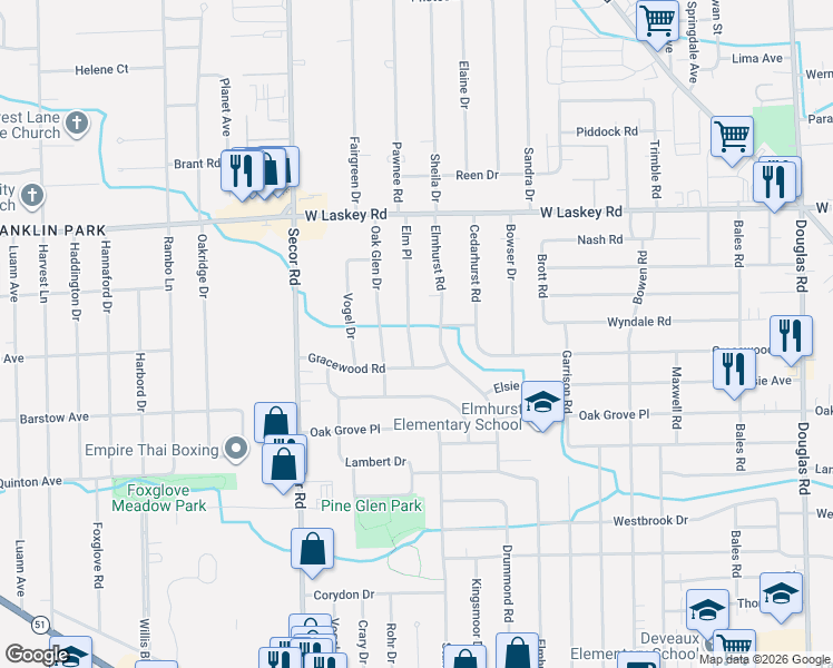 map of restaurants, bars, coffee shops, grocery stores, and more near 4730 Elm Place in Toledo