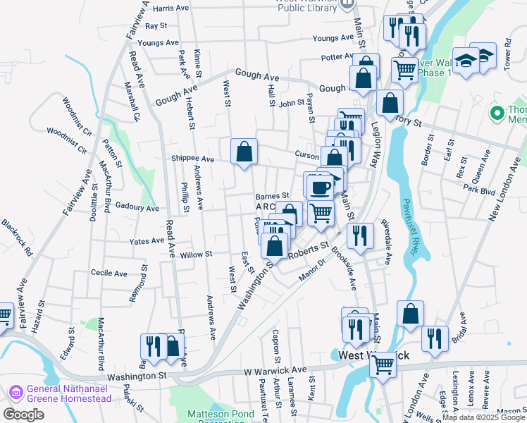 map of restaurants, bars, coffee shops, grocery stores, and more near 20 Granite St in West Warwick