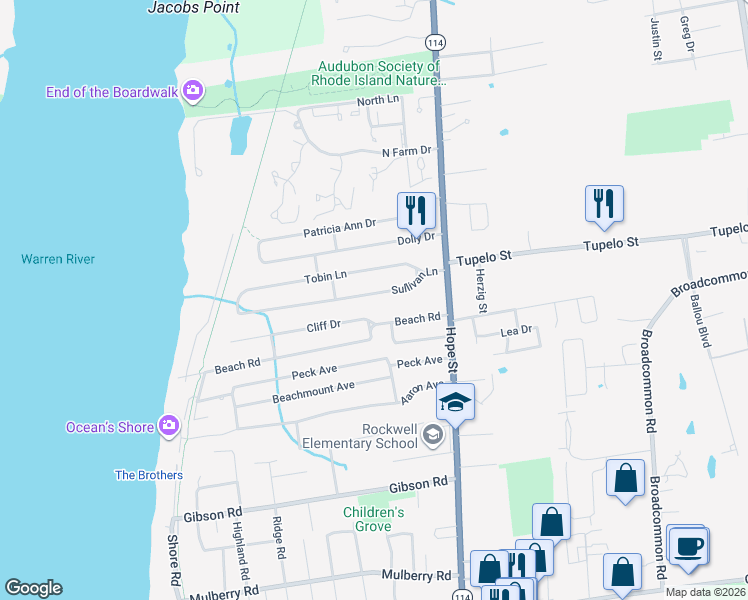 map of restaurants, bars, coffee shops, grocery stores, and more near 14 Sullivan Ln in Bristol