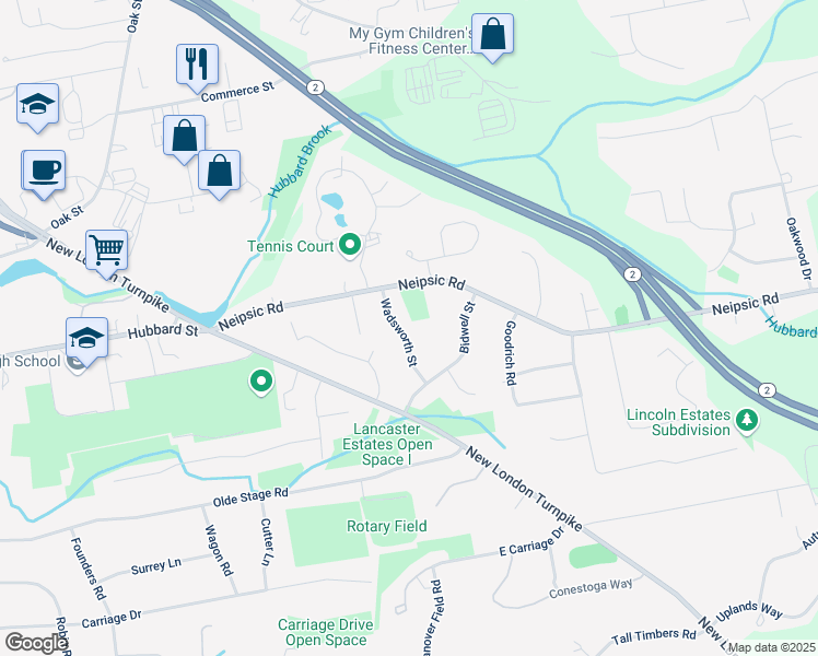 map of restaurants, bars, coffee shops, grocery stores, and more near 50 Wadsworth Street in Glastonbury