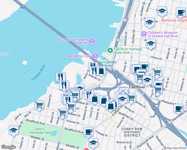 map of restaurants, bars, coffee shops, grocery stores, and more near 16 Anawan Street in Fall River