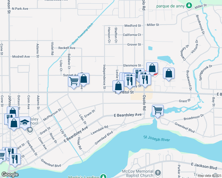 map of restaurants, bars, coffee shops, grocery stores, and more near 1710 East Bristol Street in Elkhart