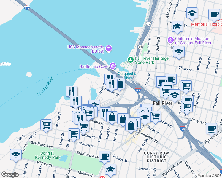 map of restaurants, bars, coffee shops, grocery stores, and more near 16 Anawan Street in Fall River
