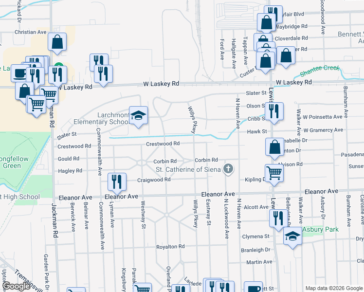 map of restaurants, bars, coffee shops, grocery stores, and more near 1325 Crestwood Road in Toledo