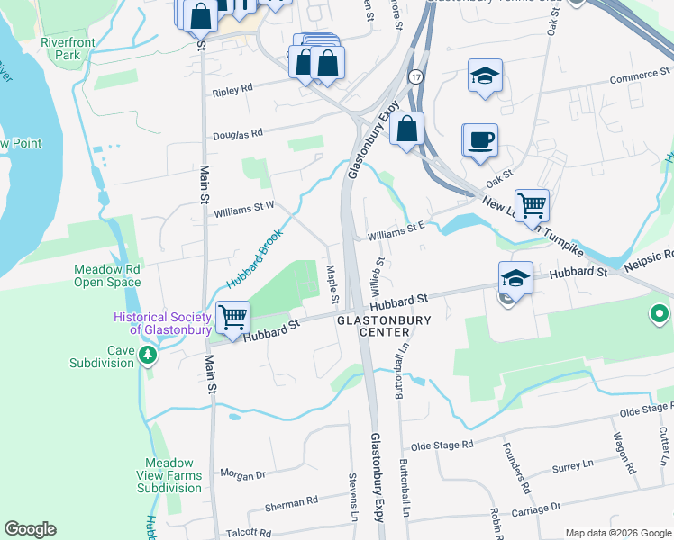 map of restaurants, bars, coffee shops, grocery stores, and more near 23 Maple Street in Glastonbury