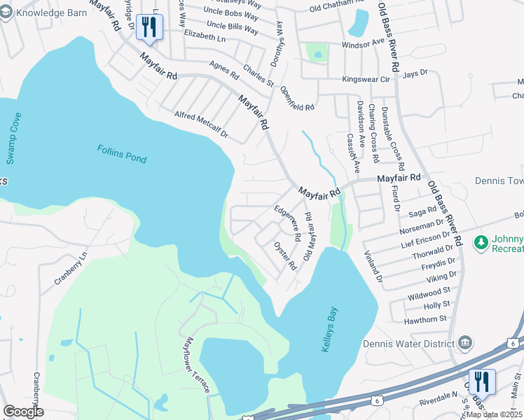 map of restaurants, bars, coffee shops, grocery stores, and more near 91 Edgemere Road in Dennis