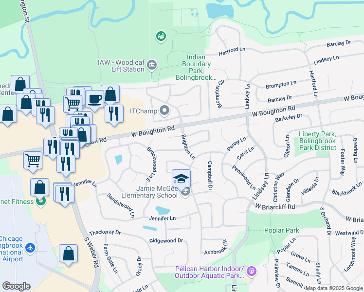 map of restaurants, bars, coffee shops, grocery stores, and more near 1082 Bothwell Lane in Bolingbrook